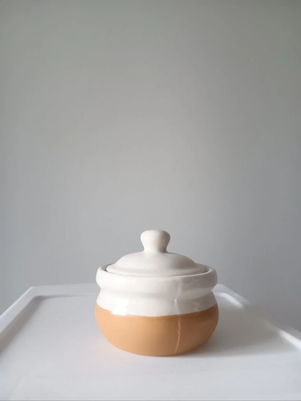 Vintage Handled Ceramic Crock French Onion Soup Bowl & Lid Bakeware Tan White